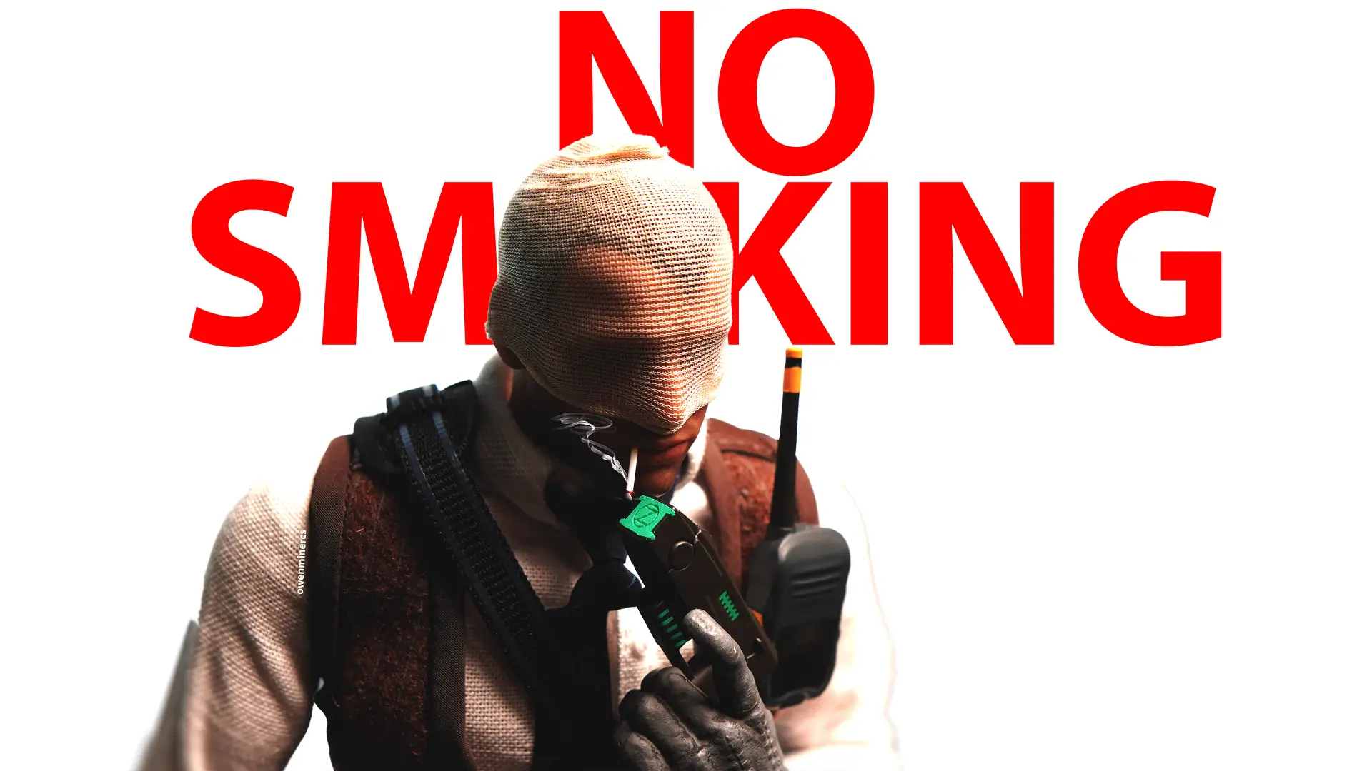 CS2 Agent number K figurine positioned to light his cigarette with a Zeus taser - text behind his head says NO SMOKING